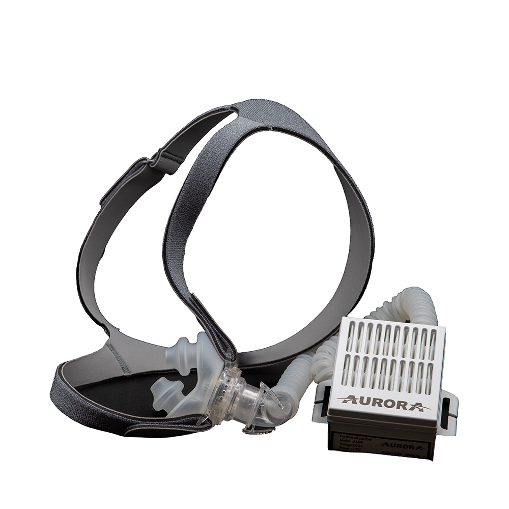 The Opti+ MiniPAP system: OptiPillows EPAP mask with headgear, hose, and battery-powered air blower