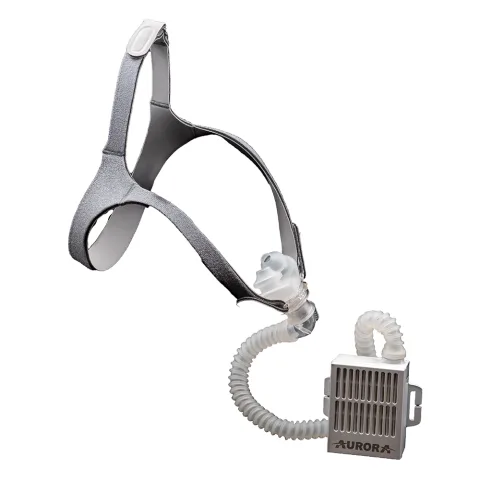 Opti+ MiniPAP headgear with the hose connected to the battery-powered air blower