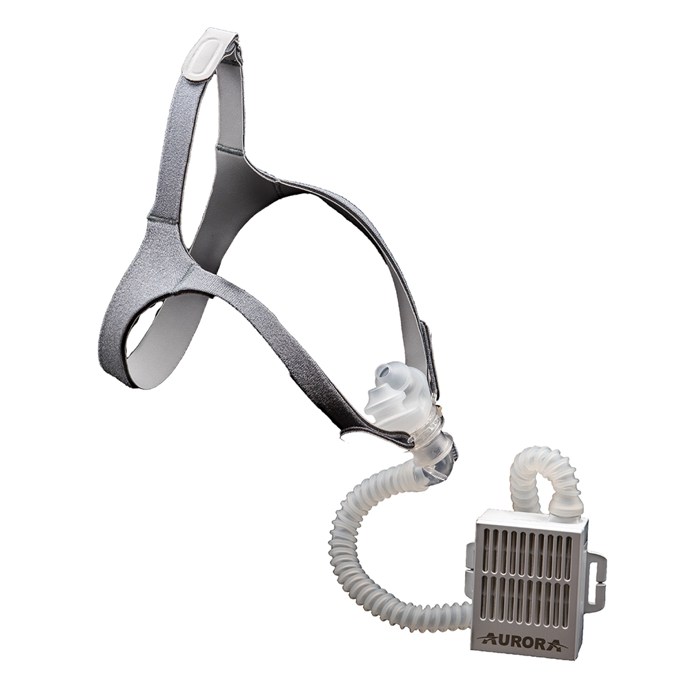 Opti+ MiniPAP headgear with the hose connected to the battery-powered air blower