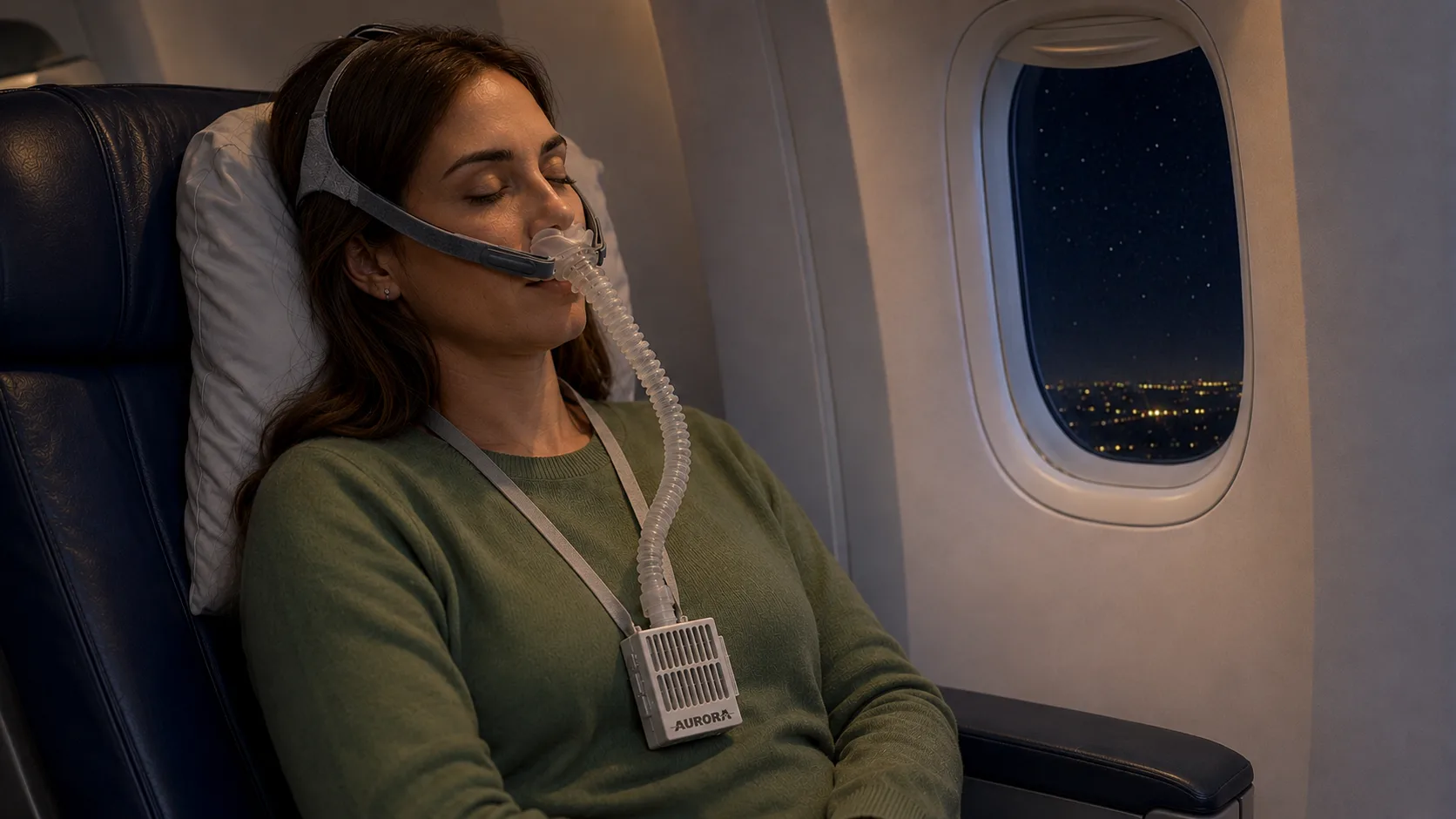 A woman asleep in a window seat on a night flight, wearing the Opti+ MiniPAP with the AURORA air blower on a lanyard at her chest