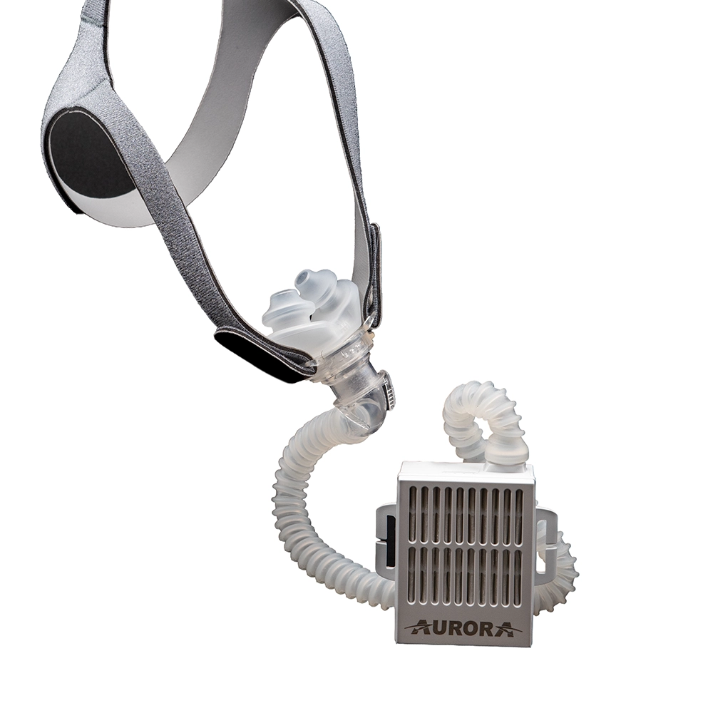 Opti+ MiniPAP nasal pillow mask detail with hose and air blower
