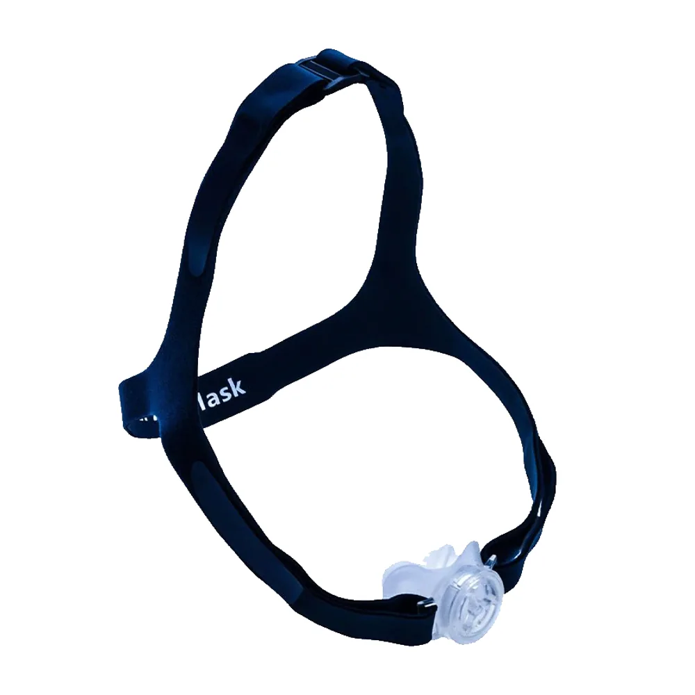 The headgear on its own, with the valve and nasal pillows attached
